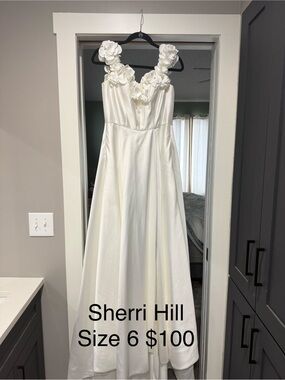 Sherri Hill white Satin Gown with Floral Straps